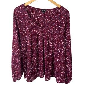 a.n.a. A New Approach Maroon Tiny Dot Blouse Popover Puff Sleeves Career XL